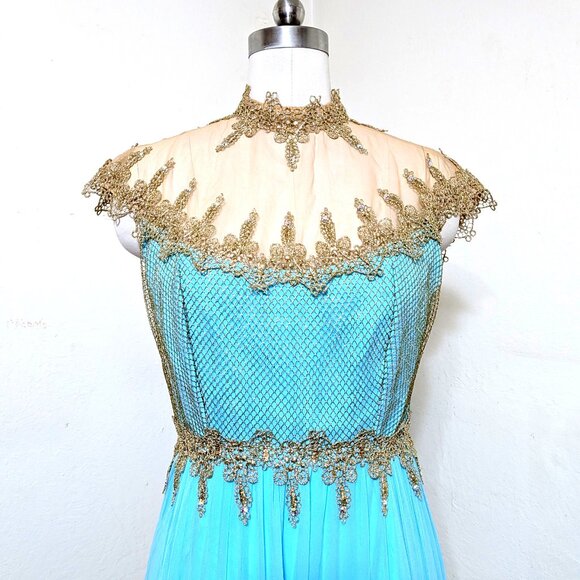 Vintage 1960's Mike Benet Aqua Chiffon Embellished Gown SZ M - Picture 2 of 10
